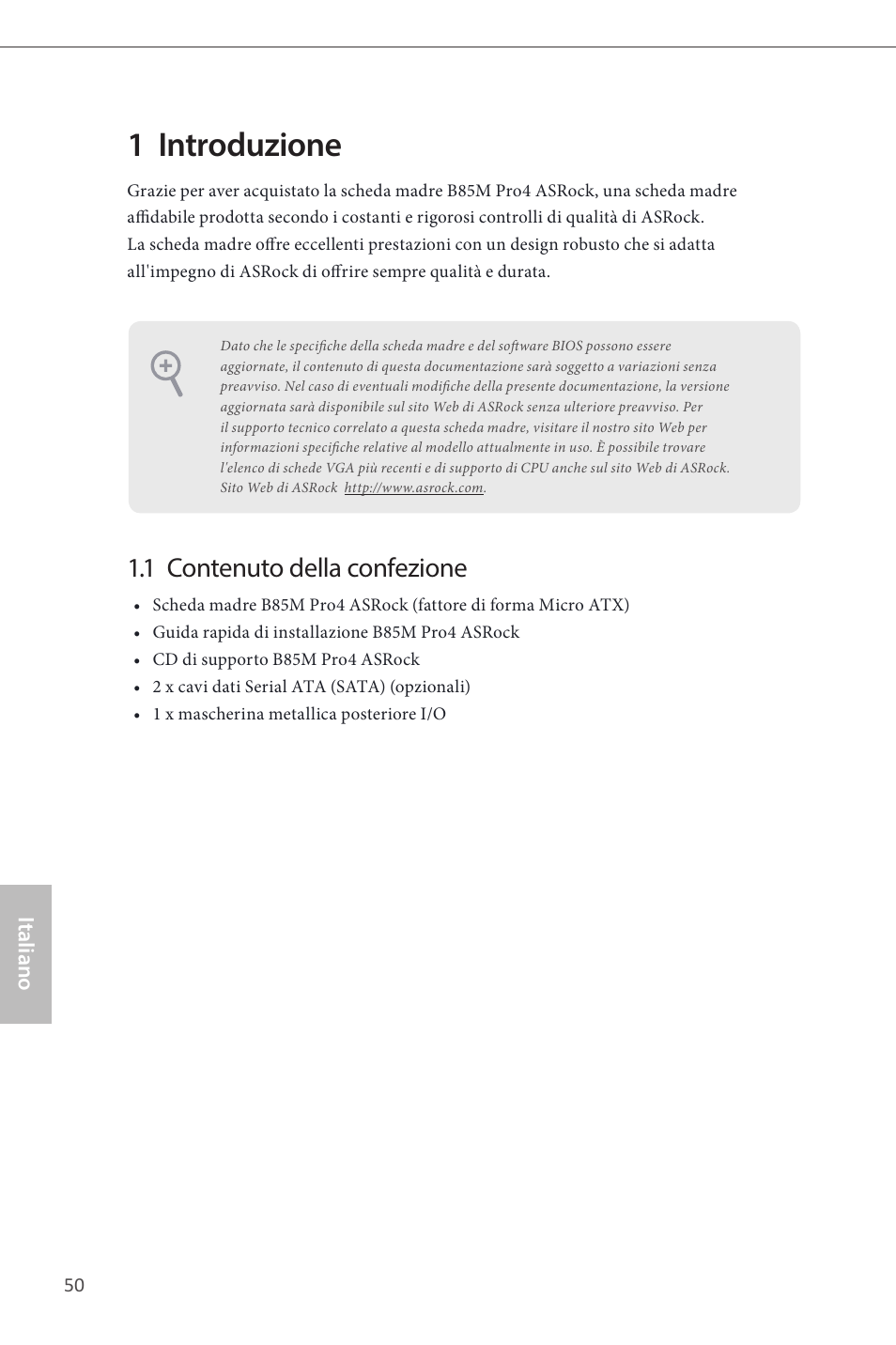 Italian, 1 introduzione, 1 contenuto della confezione | ASRock B85M Pro4 User Manual | Page 52 / 163