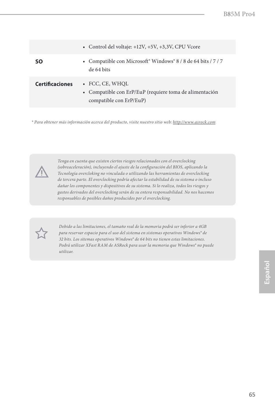 B 8 5m pro4, Español | ASRock B85M Pro4 User Manual | Page 67 / 163