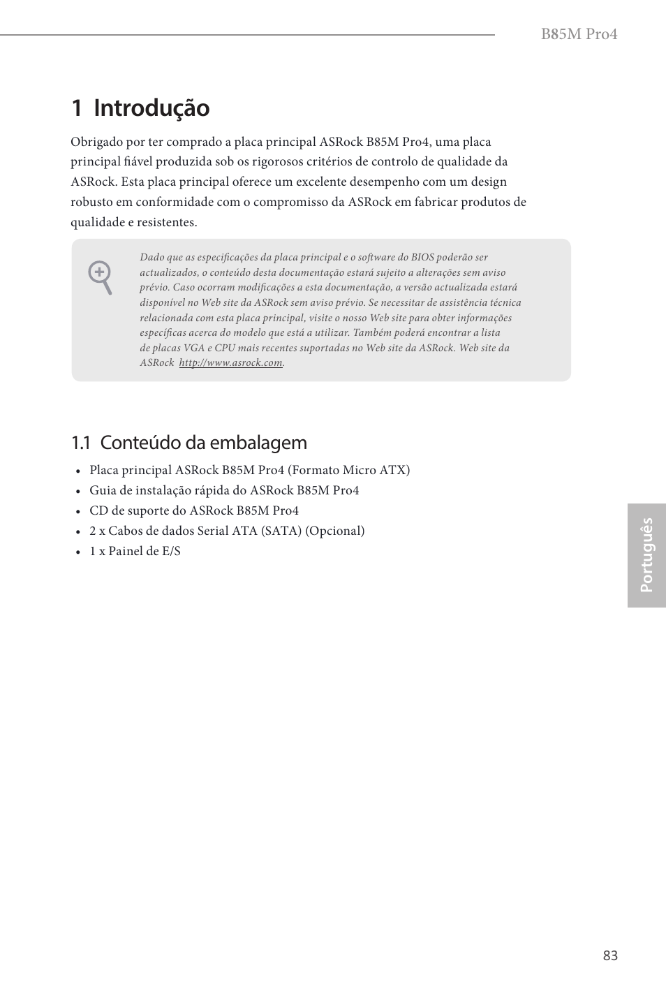 Portuguese, 1 introdução, 1 conteúdo da embalagem | ASRock B85M Pro4 User Manual | Page 85 / 163