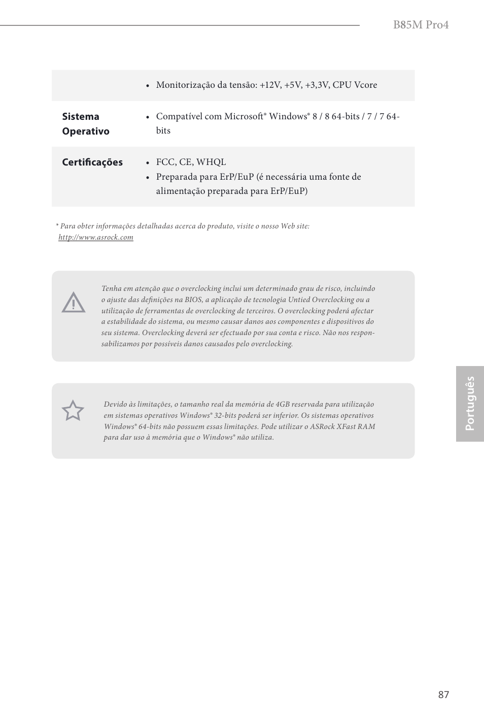 B 8 5m pro4, Por tuguês | ASRock B85M Pro4 User Manual | Page 89 / 163