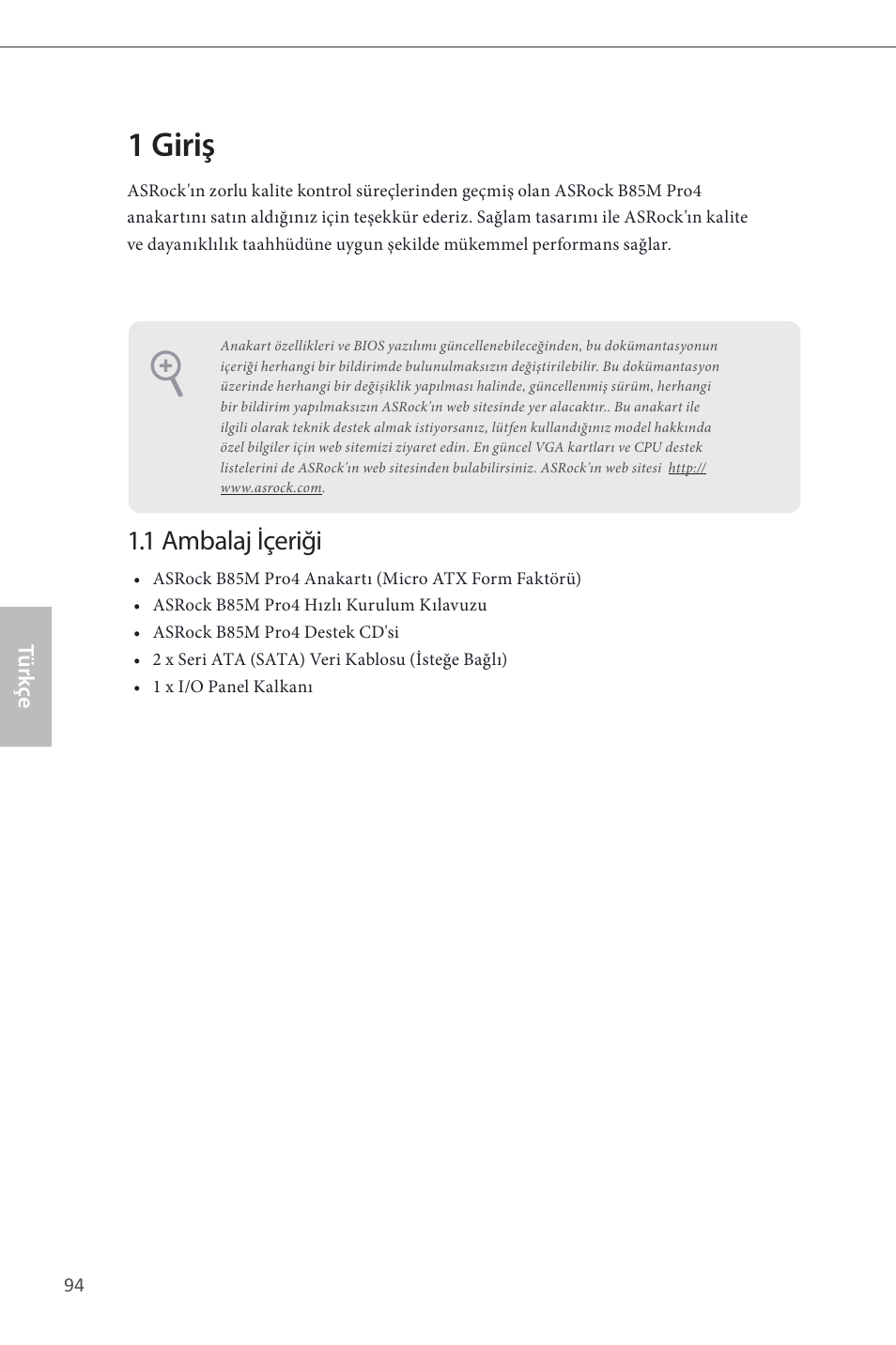 Turkish, 1 giriş, 1 ambalaj içeriği | ASRock B85M Pro4 User Manual | Page 96 / 163