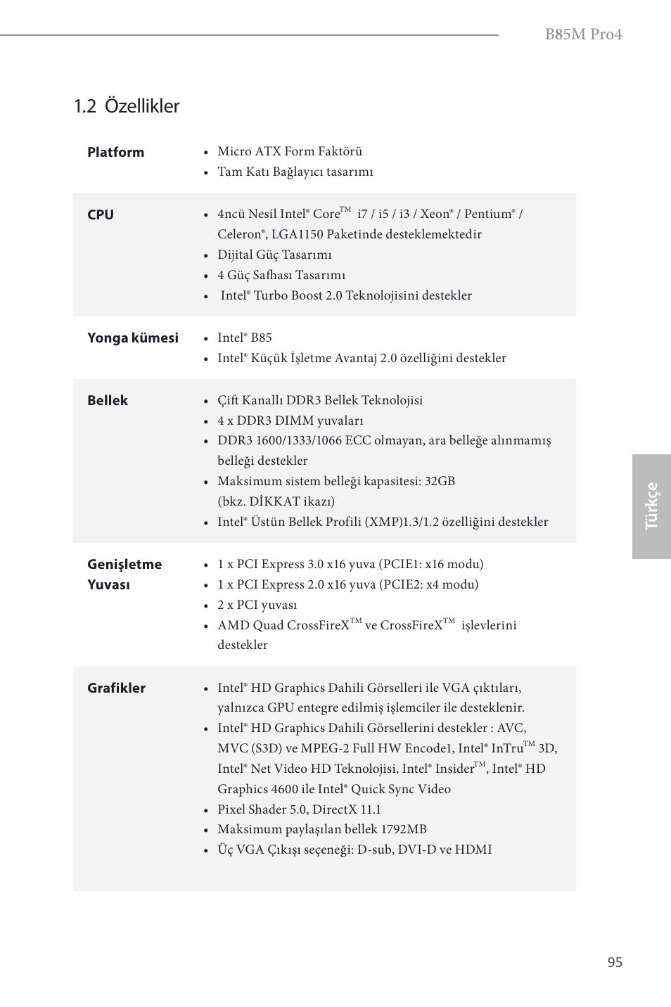2 özellikler, B 8 5m pro4, Türk çe | ASRock B85M Pro4 User Manual | Page 97 / 163
