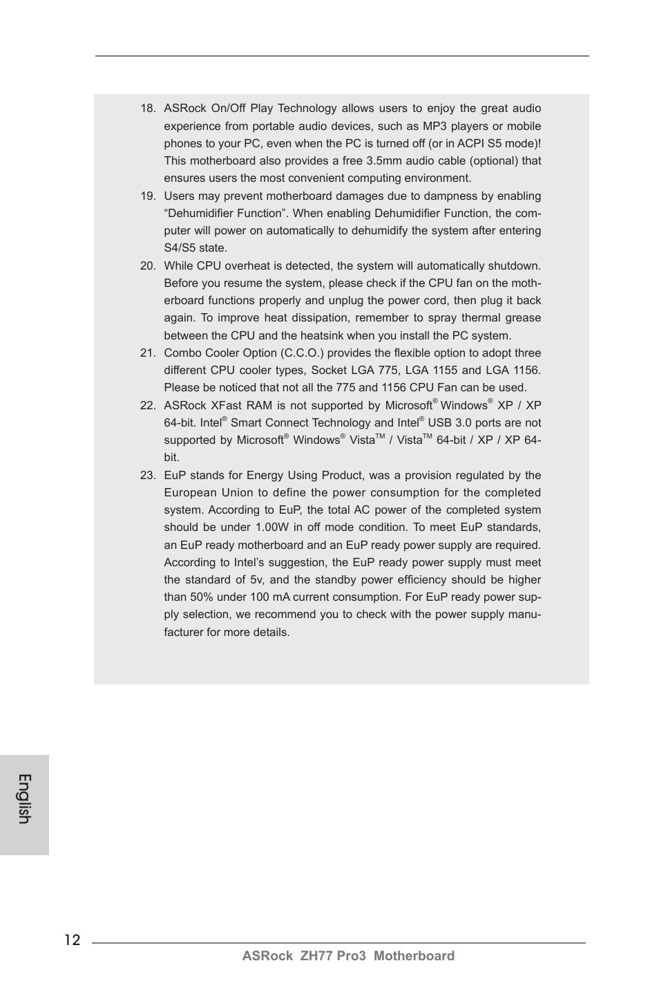 English, Asrock zh77 pro3 motherboard | ASRock ZH77 Pro3 User Manual | Page 12 / 102