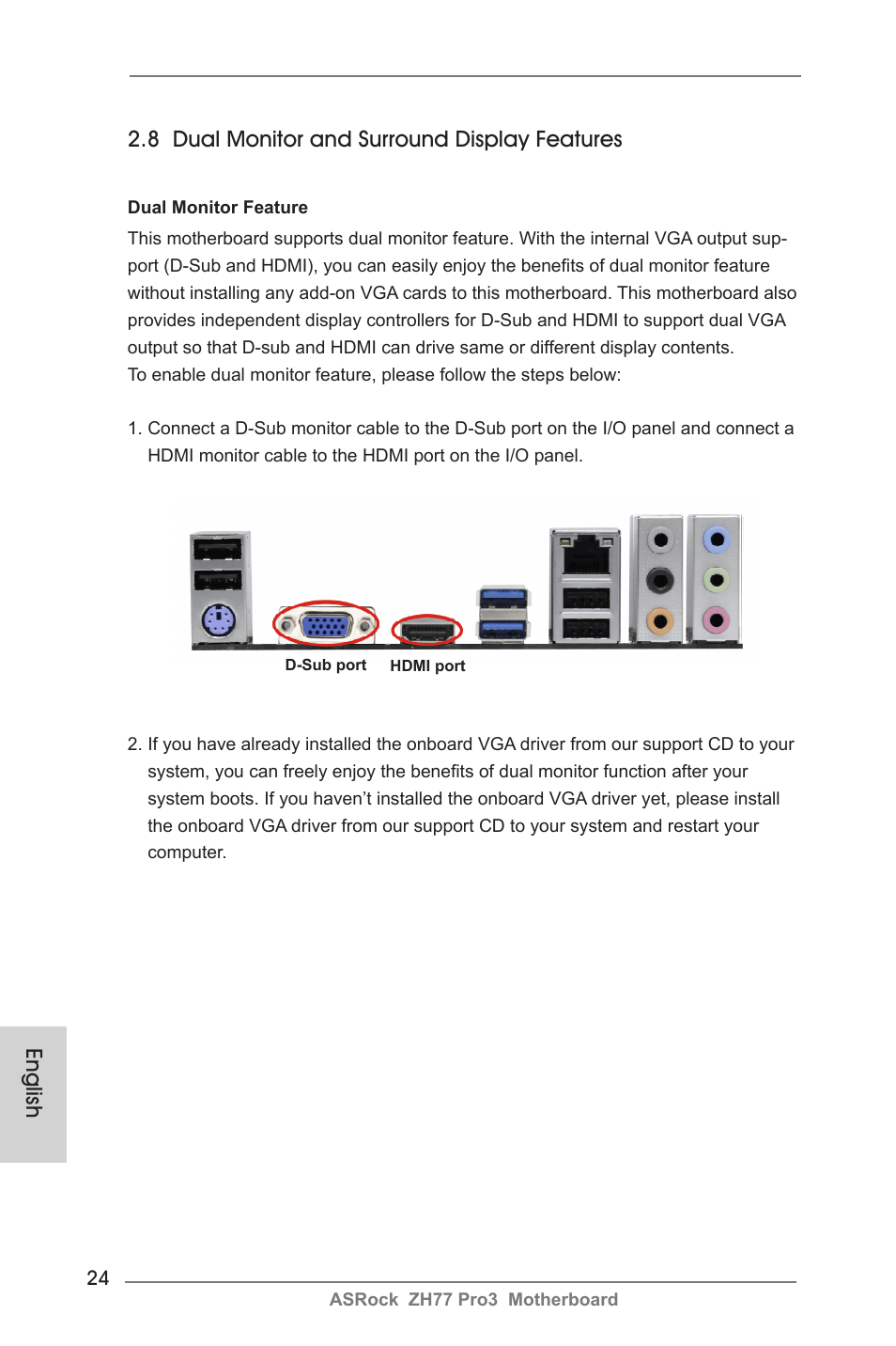 English, 8 dual monitor and surround display features | ASRock ZH77 Pro3 User Manual | Page 24 / 102