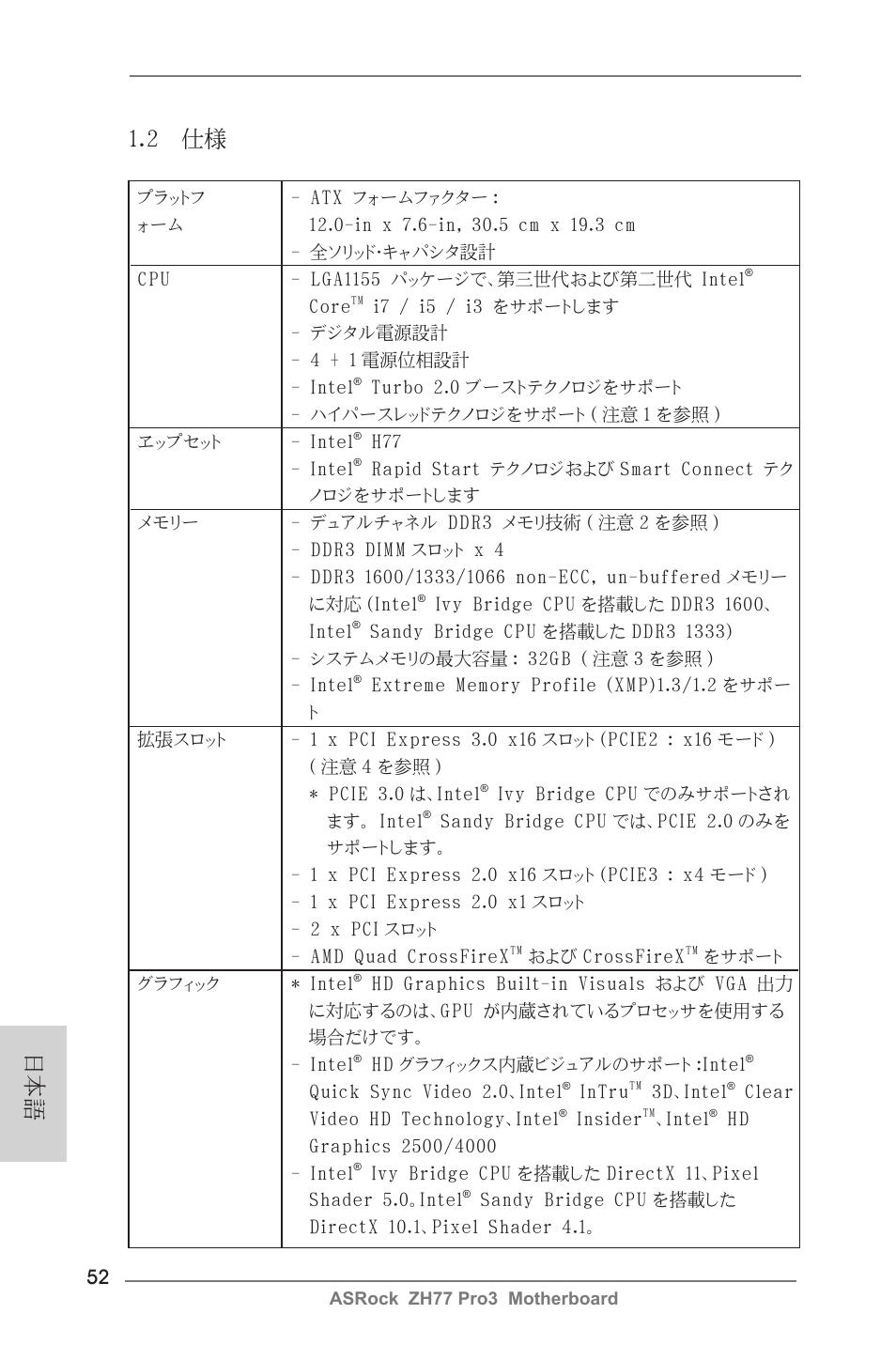 日本語 1.2 仕様 | ASRock ZH77 Pro3 User Manual | Page 52 / 102