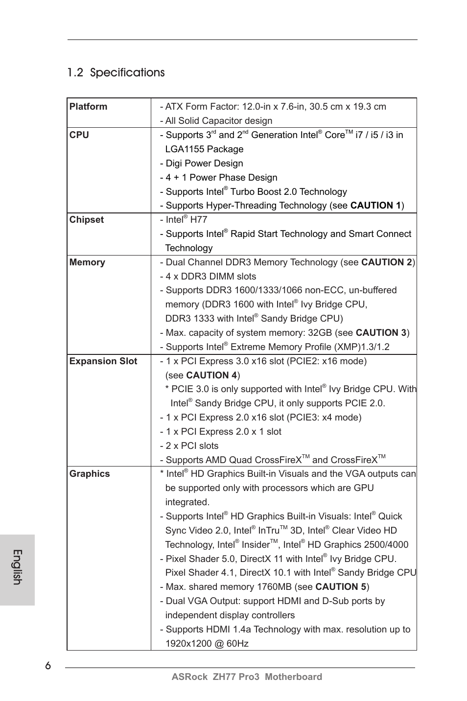 English 1.2 specifications | ASRock ZH77 Pro3 User Manual | Page 6 / 102