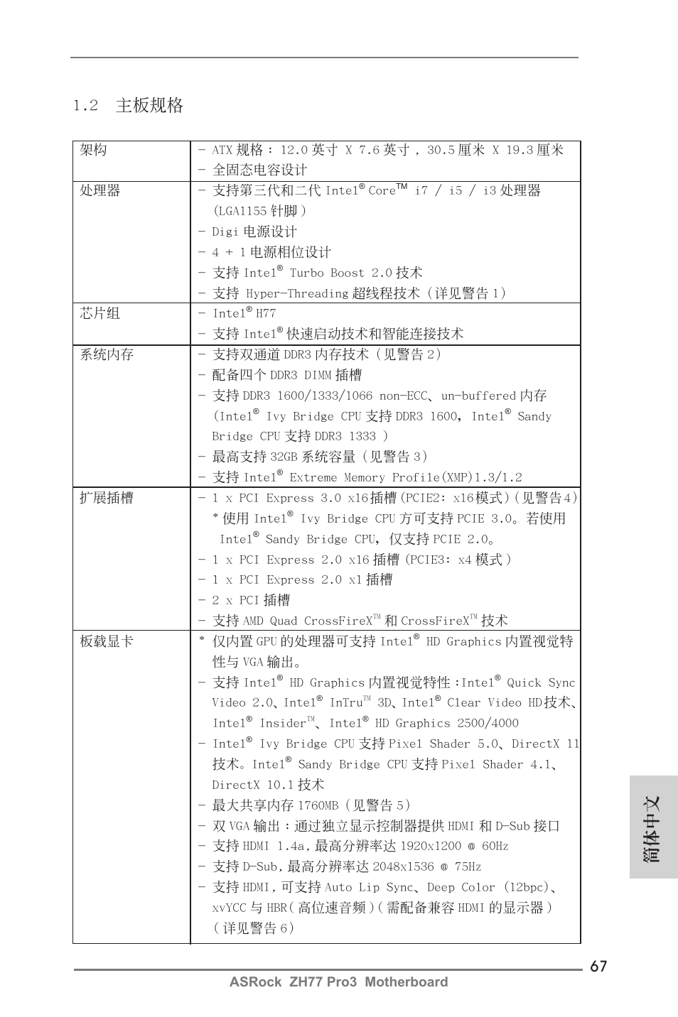 簡體中文 1.2 主板規格 | ASRock ZH77 Pro3 User Manual | Page 67 / 102