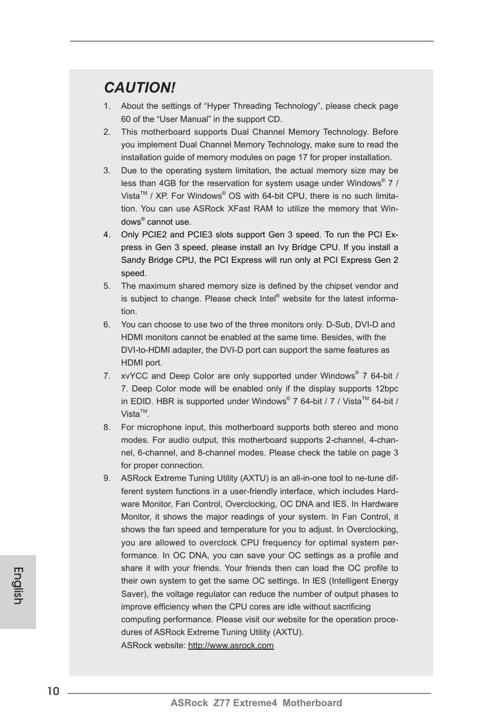 Caution, English, Asrock z77 extreme4 motherboard | ASRock Z77 Extreme4 User Manual | Page 10 / 221