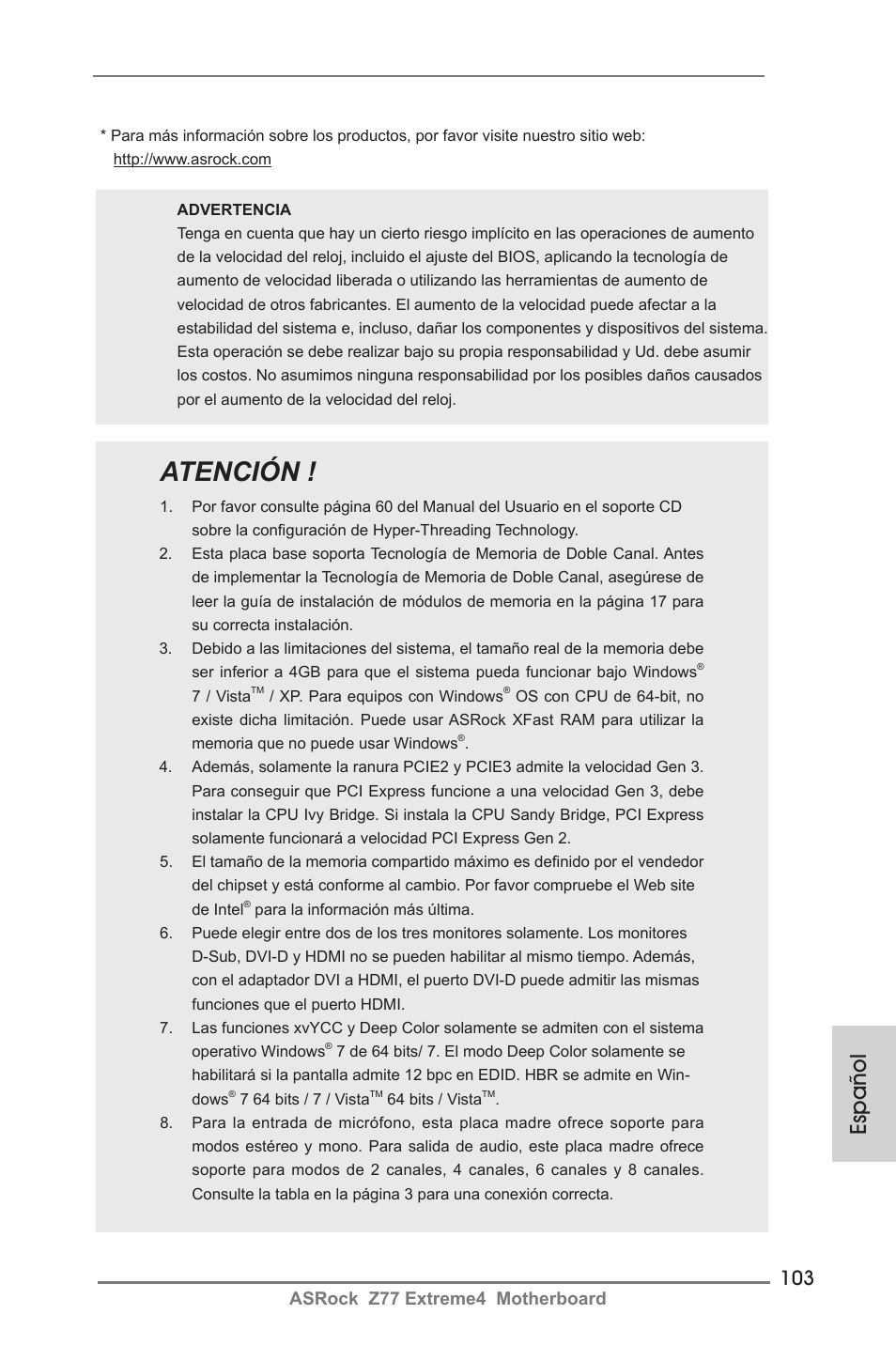 Atención, Español, Asrock z77 extreme4 motherboard | ASRock Z77 Extreme4 User Manual | Page 103 / 221