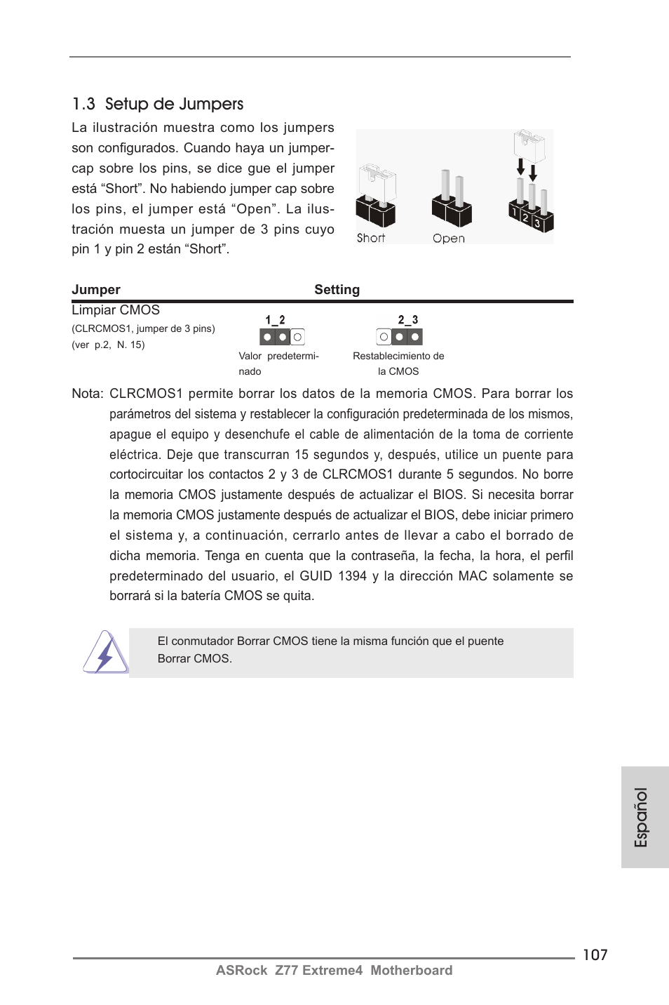 Español 1.3 setup de jumpers | ASRock Z77 Extreme4 User Manual | Page 107 / 221