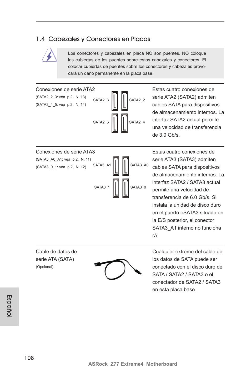Español 1.4 cabezales y conectores en placas | ASRock Z77 Extreme4 User Manual | Page 108 / 221