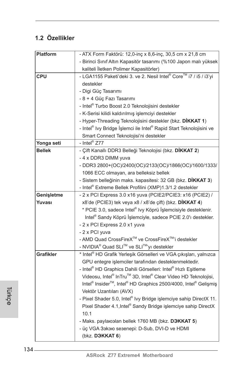 Türkçe, 2 özellikler | ASRock Z77 Extreme4 User Manual | Page 134 / 221