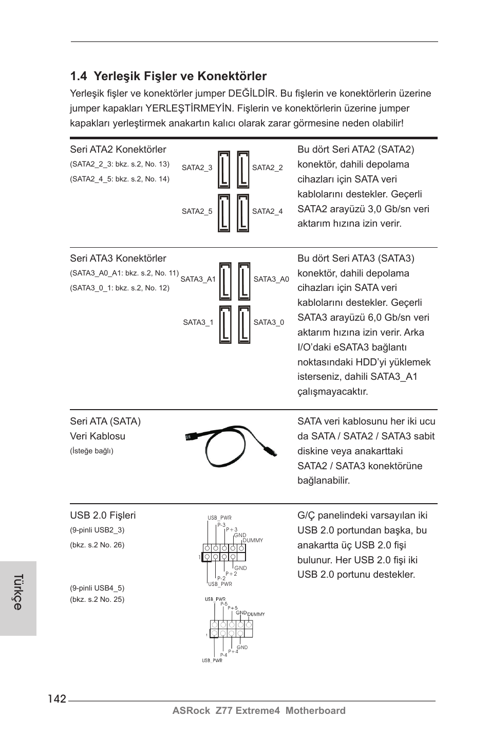 Türkçe 1.4 yerleşik fişler ve konektörler | ASRock Z77 Extreme4 User Manual | Page 142 / 221