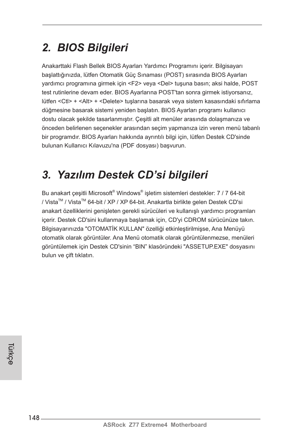 Bios bilgileri, Yazılım destek cd’si bilgileri, Türkçe | ASRock Z77 Extreme4 User Manual | Page 148 / 221