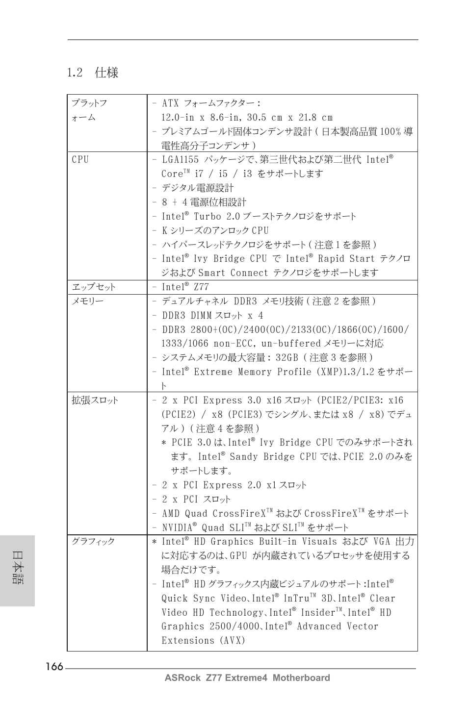 日本語 1.2 仕様 | ASRock Z77 Extreme4 User Manual | Page 166 / 221
