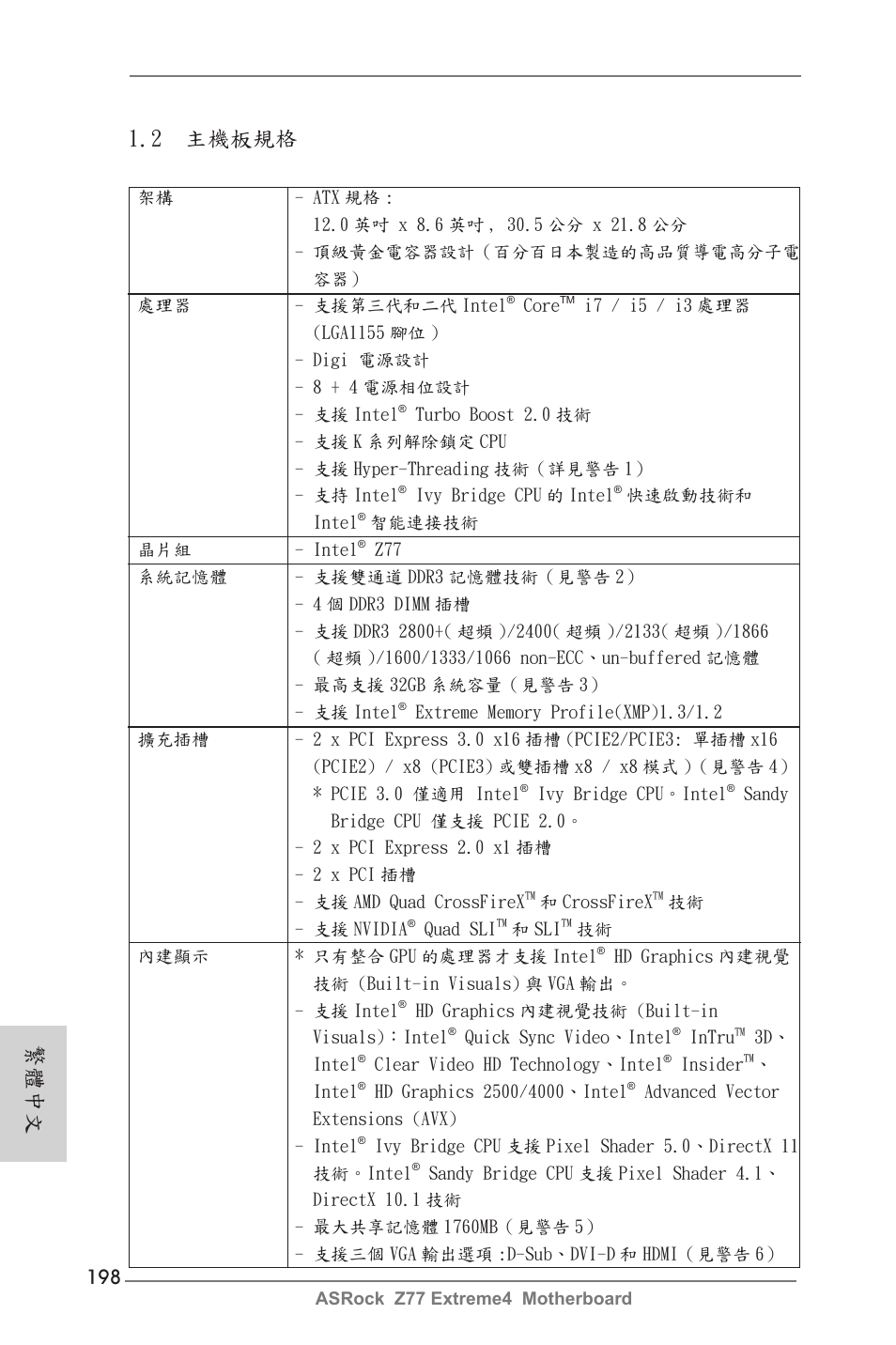 2 主機板規格, 繁體中文 | ASRock Z77 Extreme4 User Manual | Page 198 / 221