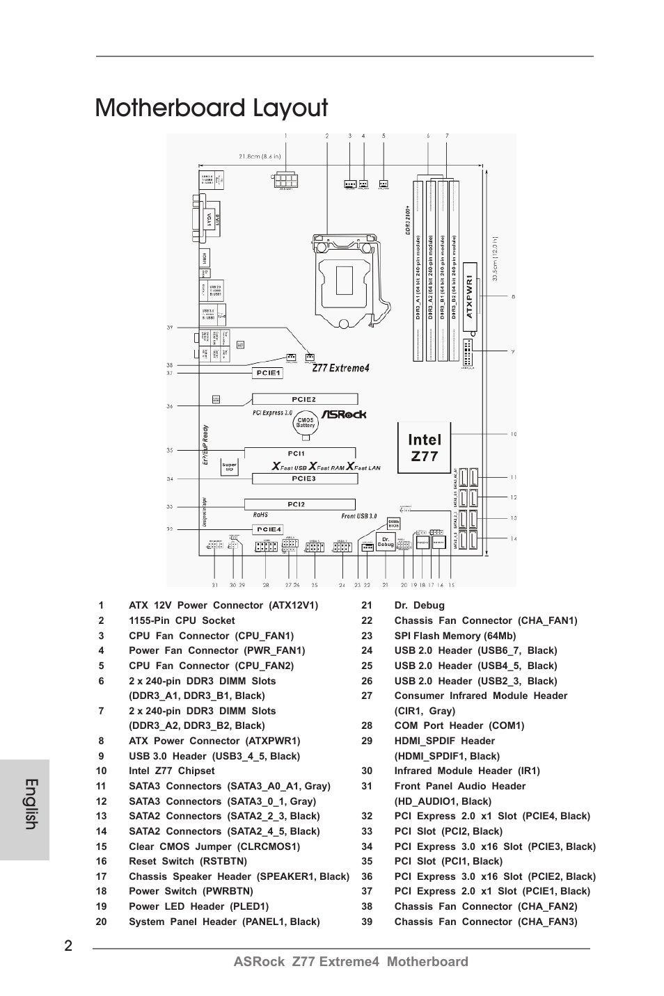 Motherboard layout, English, Asrock z77 extreme4 motherboard | ASRock Z77 Extreme4 User Manual | Page 2 / 221