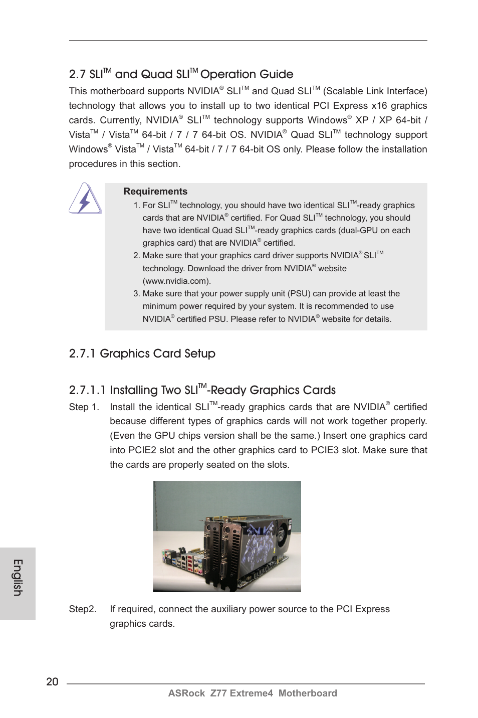 7 sli, And quad sli, Operation guide | Ready graphics cards, English | ASRock Z77 Extreme4 User Manual | Page 20 / 221