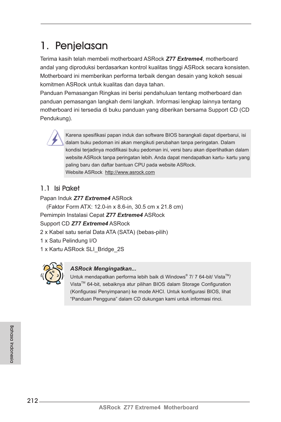 Indonesian, Penjelasan, 1 isi paket | ASRock Z77 Extreme4 User Manual | Page 212 / 221