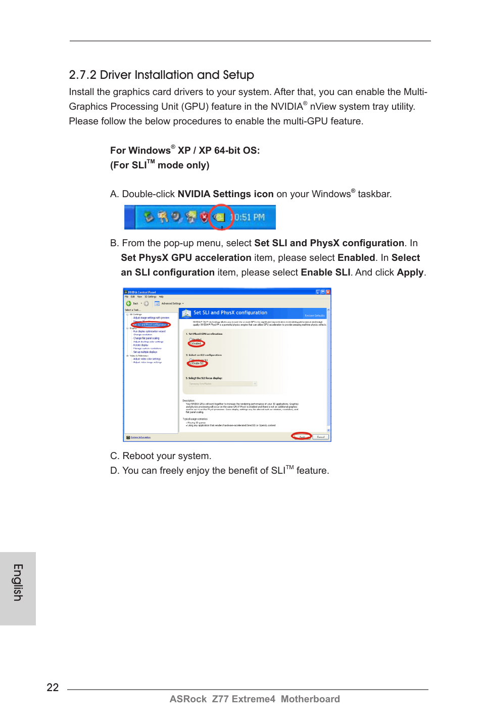 English 2.7.2 driver installation and setup | ASRock Z77 Extreme4 User Manual | Page 22 / 221