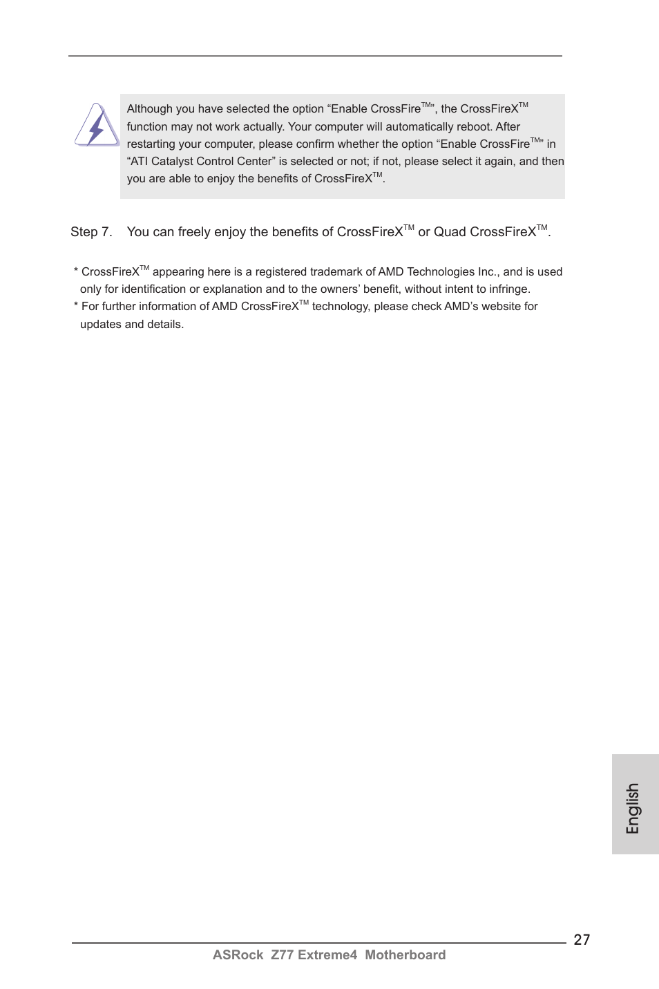 English, Asrock z77 extreme4 motherboard, Or quad crossfirex | ASRock Z77 Extreme4 User Manual | Page 27 / 221