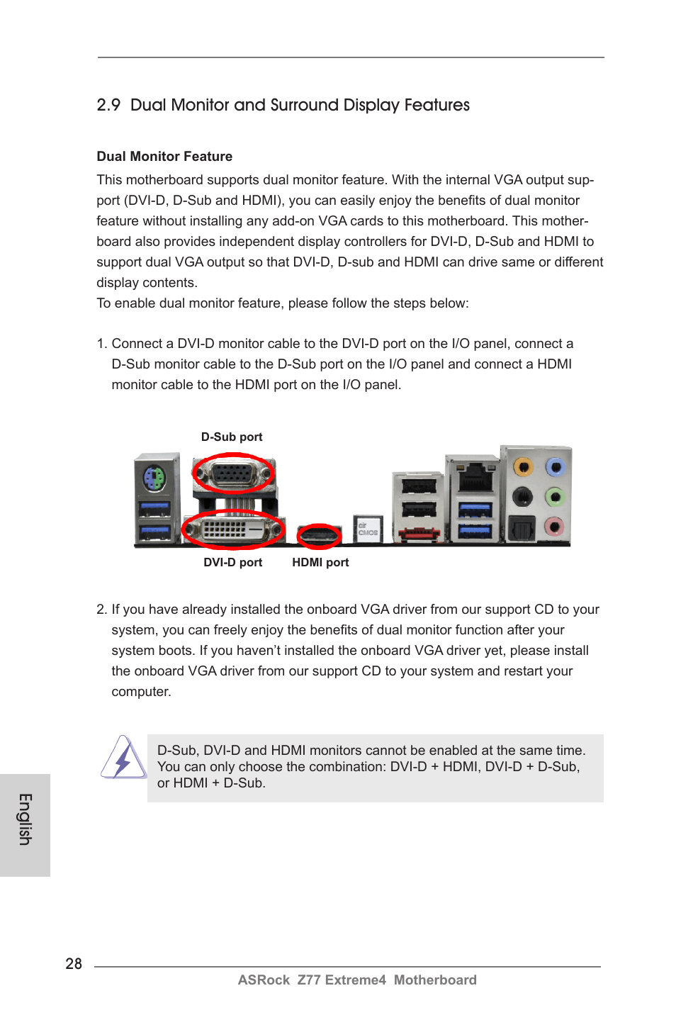 English, 9 dual monitor and surround display features | ASRock Z77 Extreme4 User Manual | Page 28 / 221