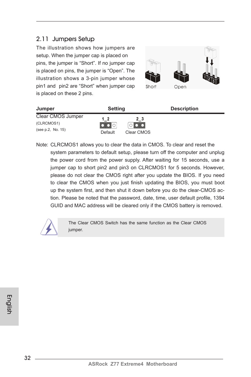 English 2.11 jumpers setup | ASRock Z77 Extreme4 User Manual | Page 32 / 221