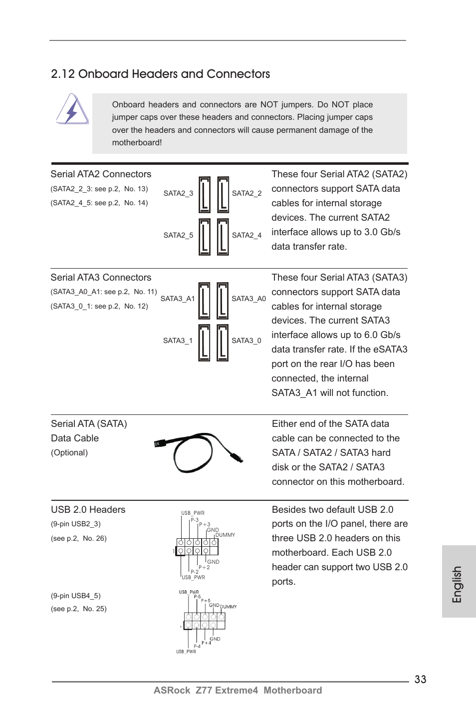 English 2.12 onboard headers and connectors | ASRock Z77 Extreme4 User Manual | Page 33 / 221