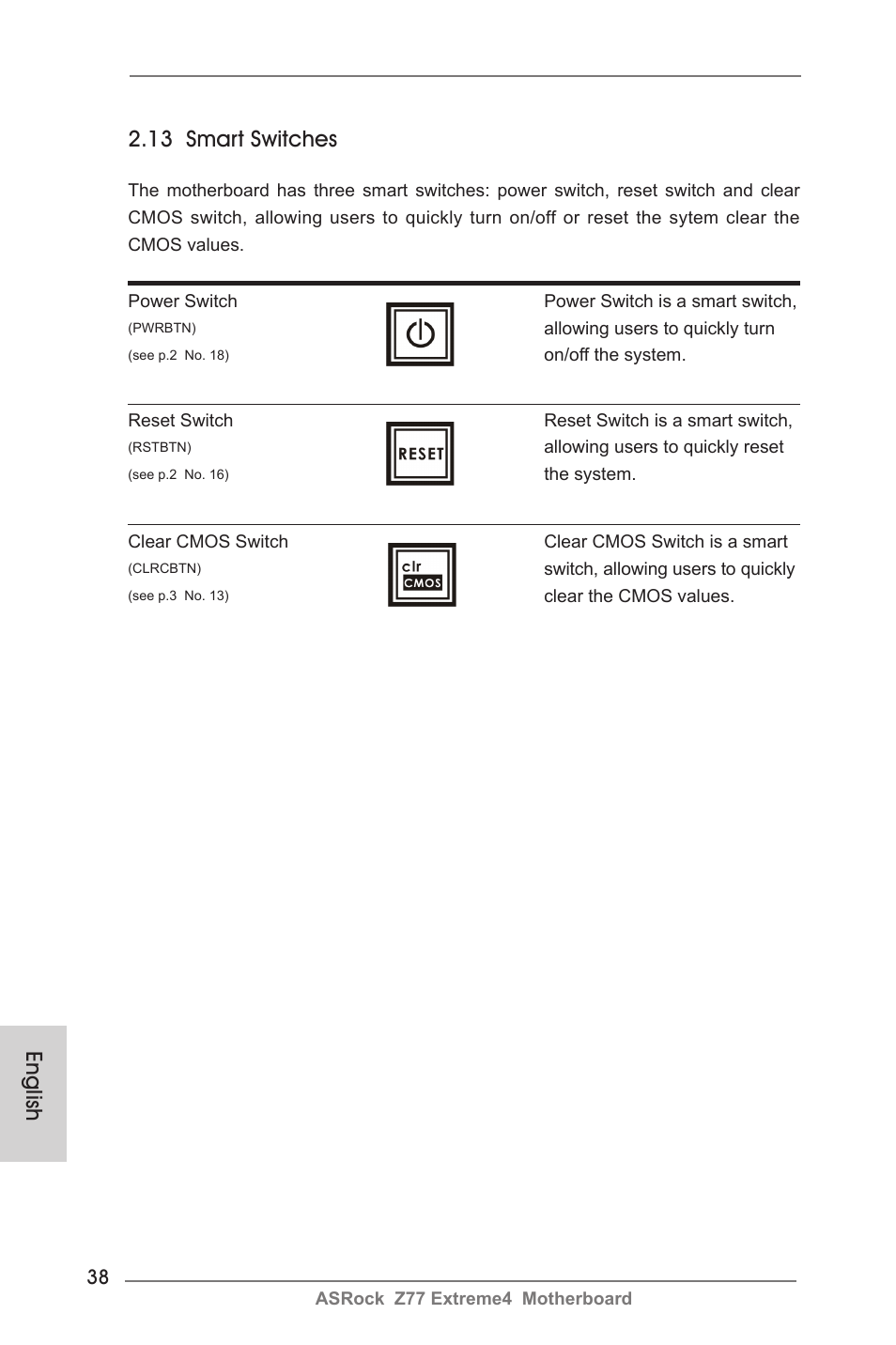 English, 13 smart switches | ASRock Z77 Extreme4 User Manual | Page 38 / 221