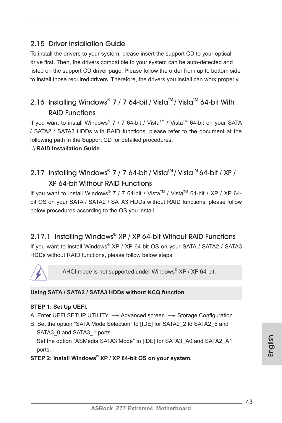 English 2.15 driver installation guide, 16 installing windows, 7 / 7 64-bit / vista | Vista, Bit with raid functions, 17 installing windows, Bit / xp / xp 64-bit without raid functions, 1 installing windows, Xp / xp 64-bit without raid functions | ASRock Z77 Extreme4 User Manual | Page 43 / 221