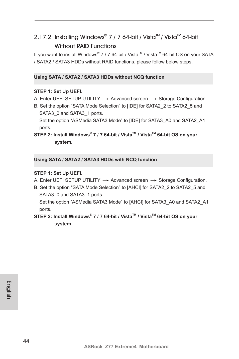 English 2.17.2 installing windows, 7 / 7 64-bit / vista, Vista | Bit without raid functions | ASRock Z77 Extreme4 User Manual | Page 44 / 221