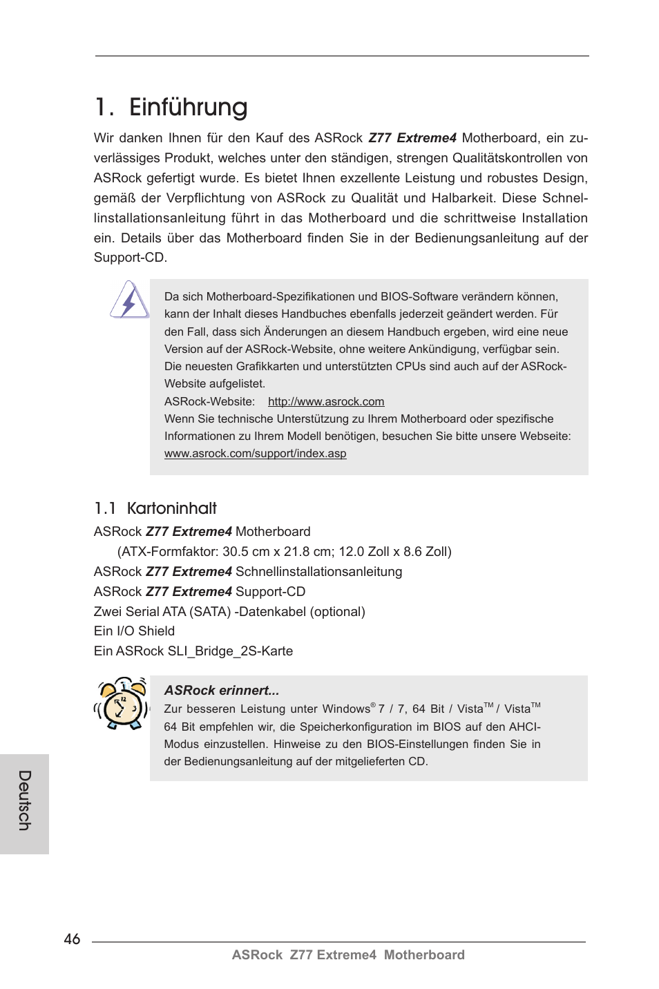 German, Einführung, 1 kartoninhalt | Deutsch | ASRock Z77 Extreme4 User Manual | Page 46 / 221