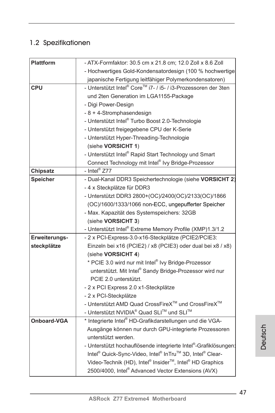 Deutsch 1.2 spezifikationen | ASRock Z77 Extreme4 User Manual | Page 47 / 221