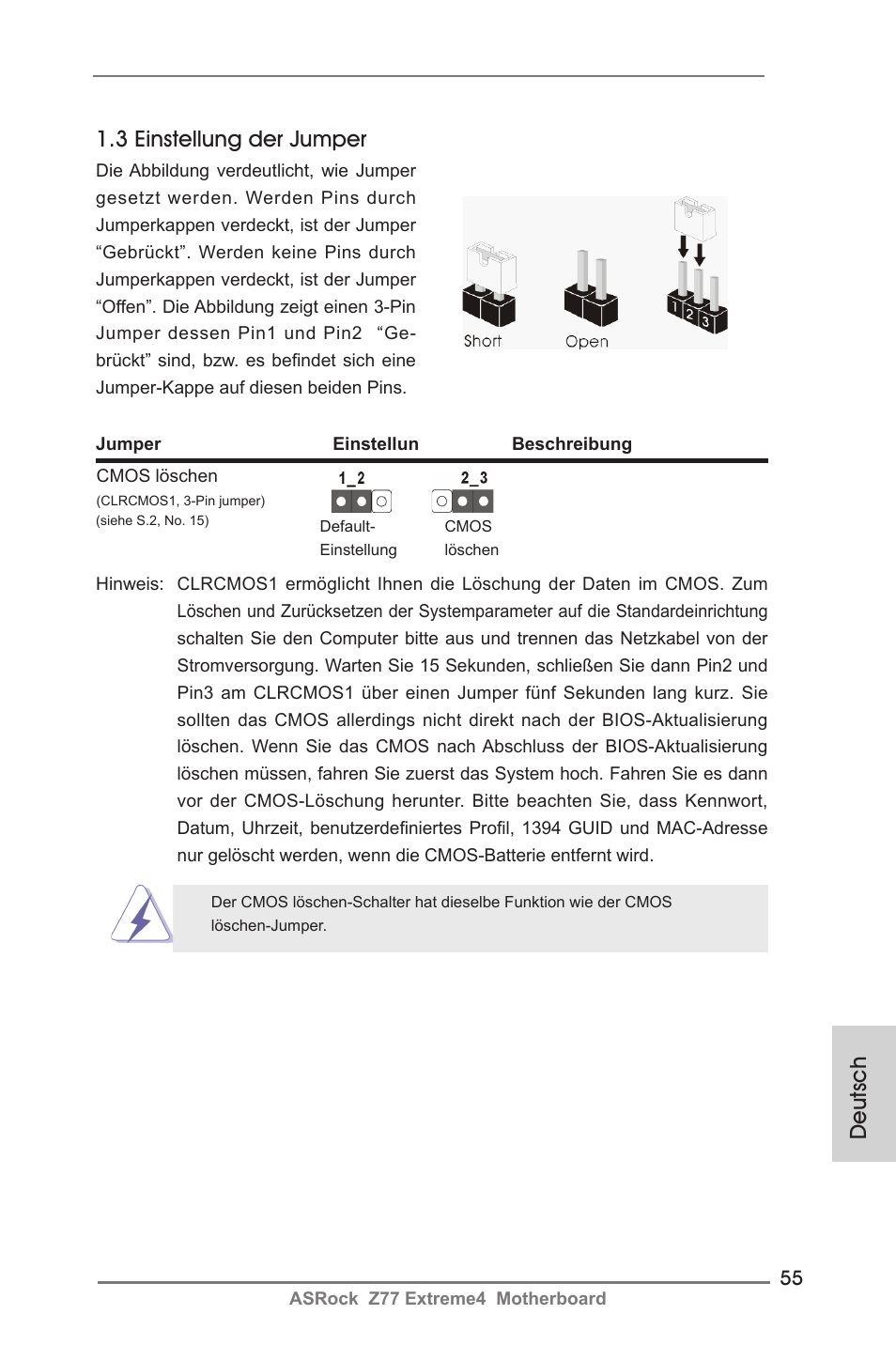 Deutsch 1.3 einstellung der jumper | ASRock Z77 Extreme4 User Manual | Page 55 / 221