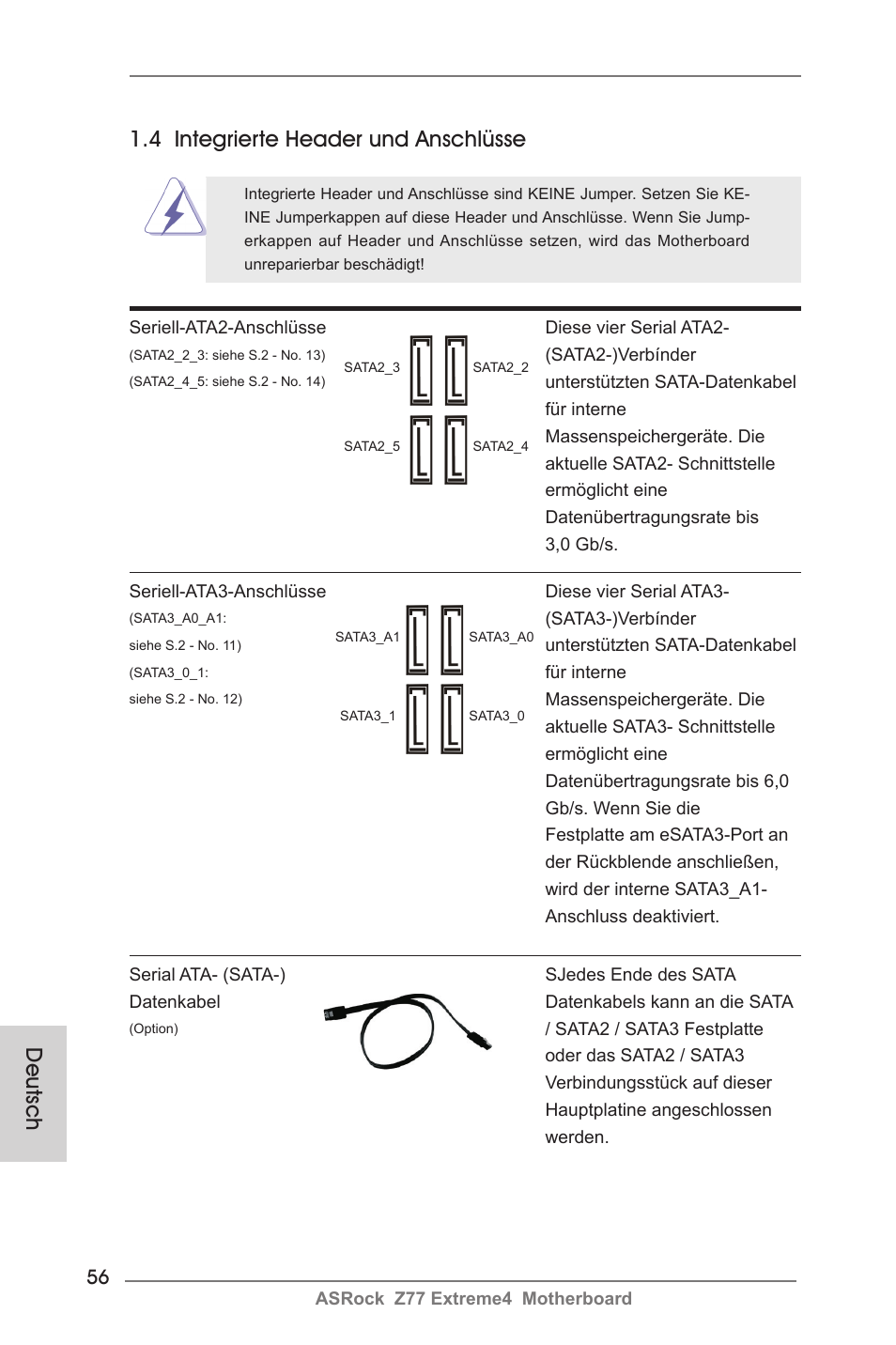 Deutsch, 4 integrierte header und anschlüsse | ASRock Z77 Extreme4 User Manual | Page 56 / 221