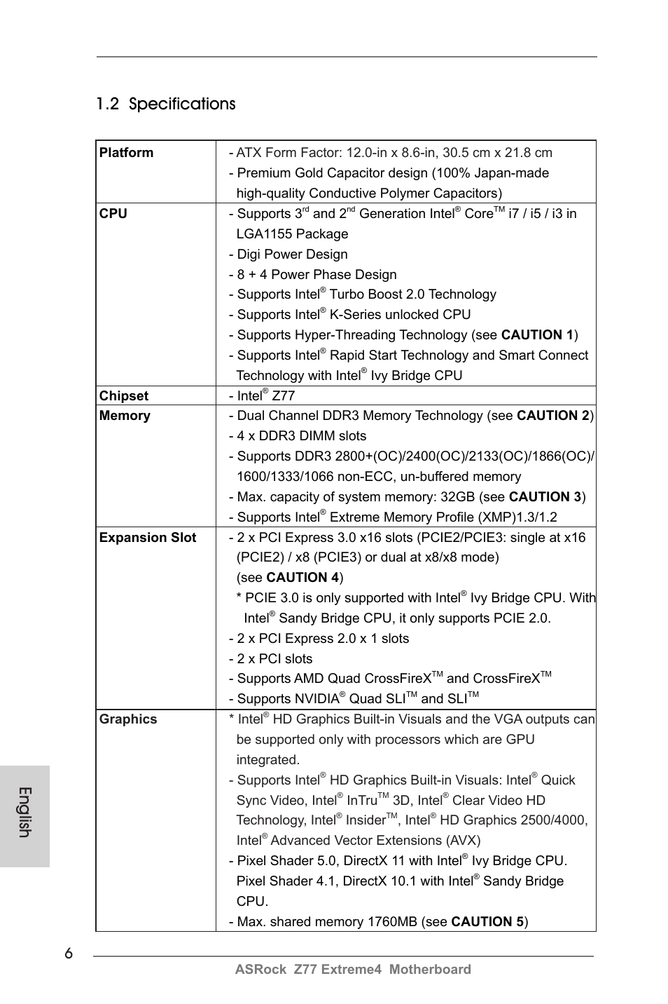 English 1.2 specifications | ASRock Z77 Extreme4 User Manual | Page 6 / 221