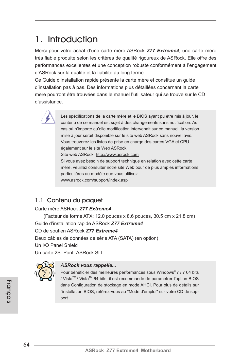 French, Introduction, 1 contenu du paquet | Français | ASRock Z77 Extreme4 User Manual | Page 64 / 221