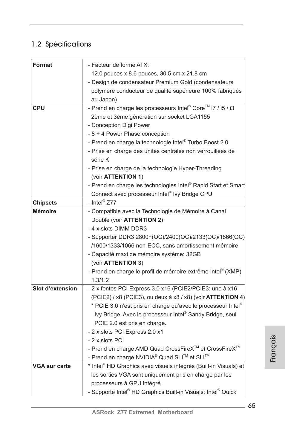 Français 1.2 spécifications | ASRock Z77 Extreme4 User Manual | Page 65 / 221