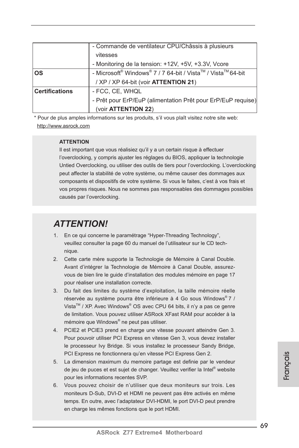 Attention, Français | ASRock Z77 Extreme4 User Manual | Page 69 / 221