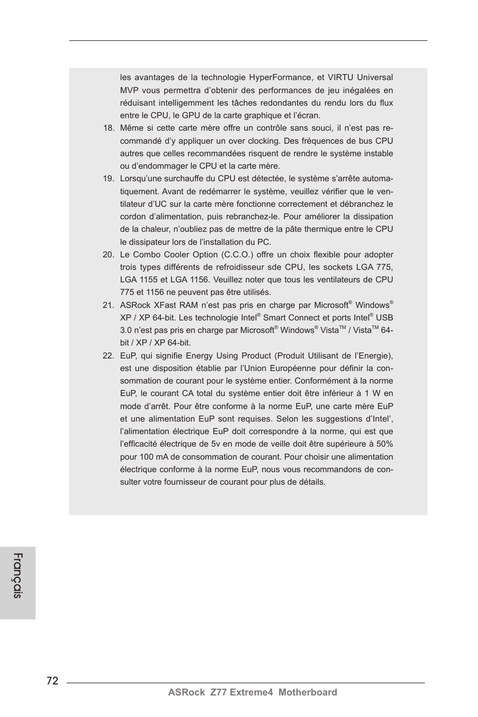 Français, Asrock z77 extreme4 motherboard | ASRock Z77 Extreme4 User Manual | Page 72 / 221