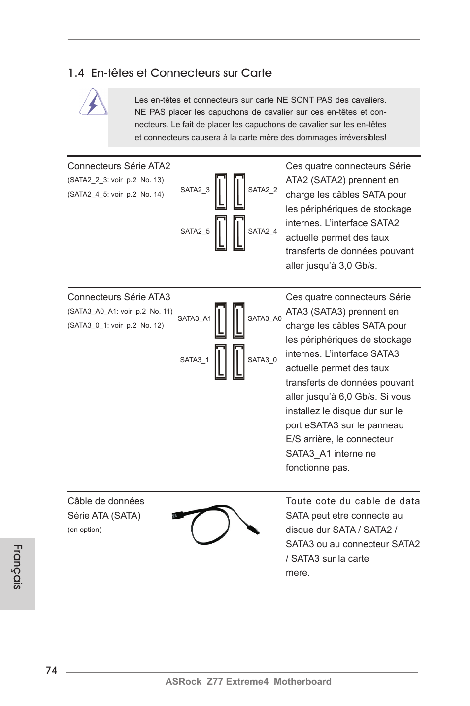 Français, 4 en-têtes et connecteurs sur carte | ASRock Z77 Extreme4 User Manual | Page 74 / 221