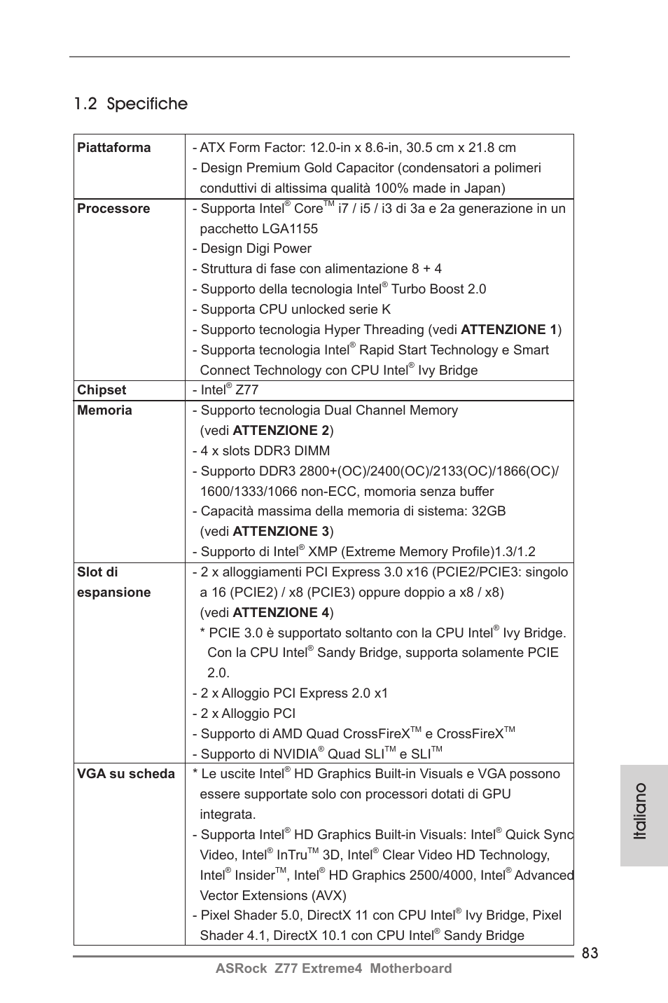 Italiano 1.2 specifiche | ASRock Z77 Extreme4 User Manual | Page 83 / 221