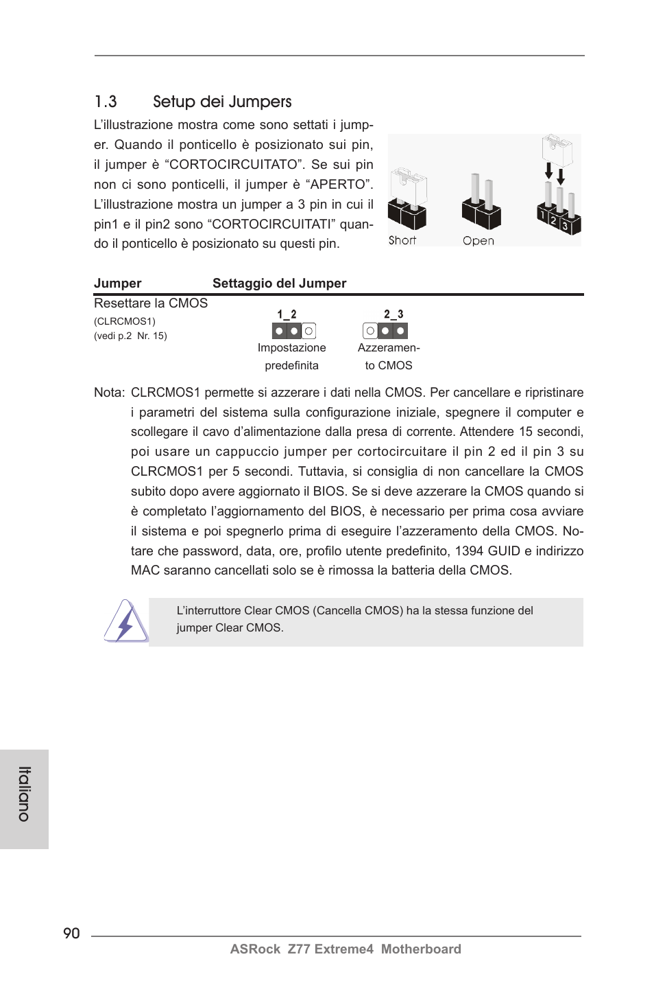 Italiano 1.3 setup dei jumpers | ASRock Z77 Extreme4 User Manual | Page 90 / 221