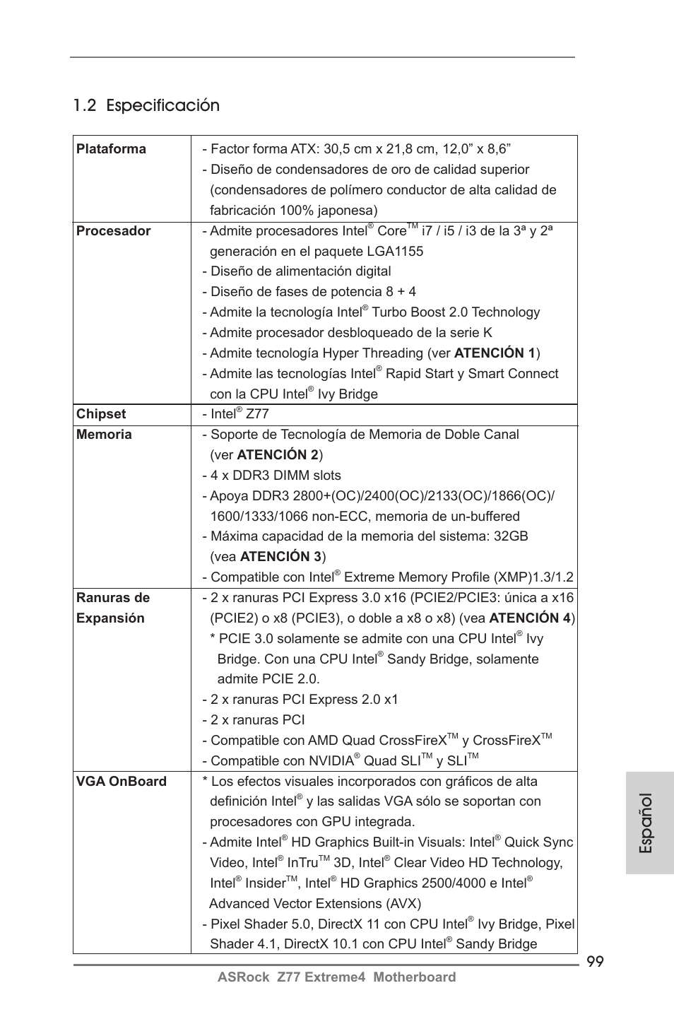 Español 1.2 especificación | ASRock Z77 Extreme4 User Manual | Page 99 / 221