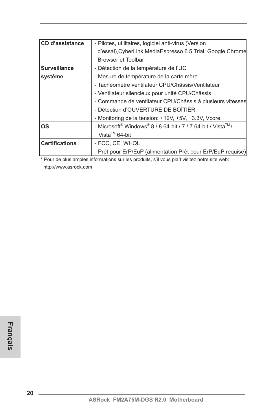 Français | ASRock FM2A75M-DGS R2.0 User Manual | Page 20 / 59