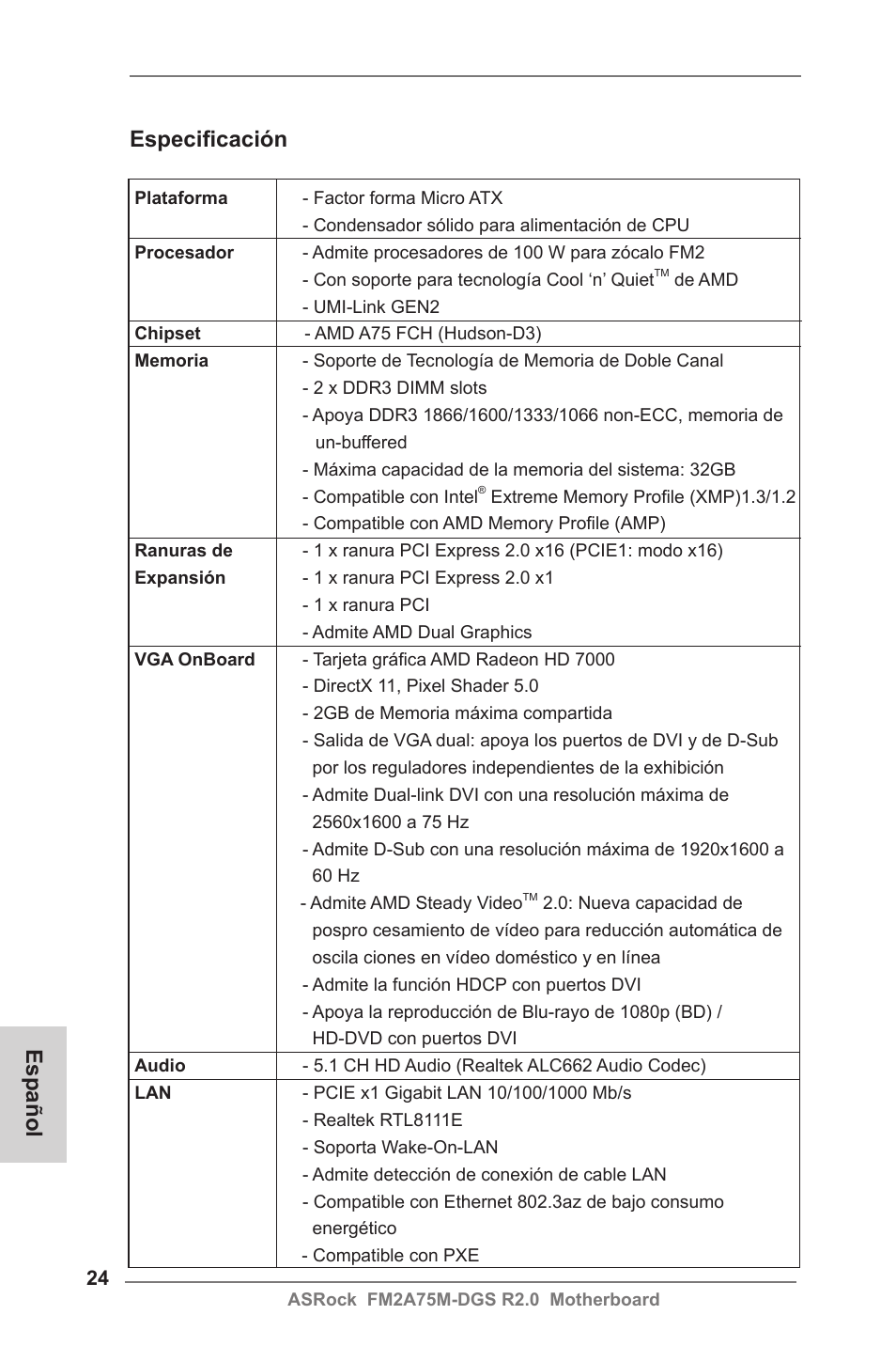 Spanish, Especificación, Español | ASRock FM2A75M-DGS R2.0 User Manual | Page 24 / 59