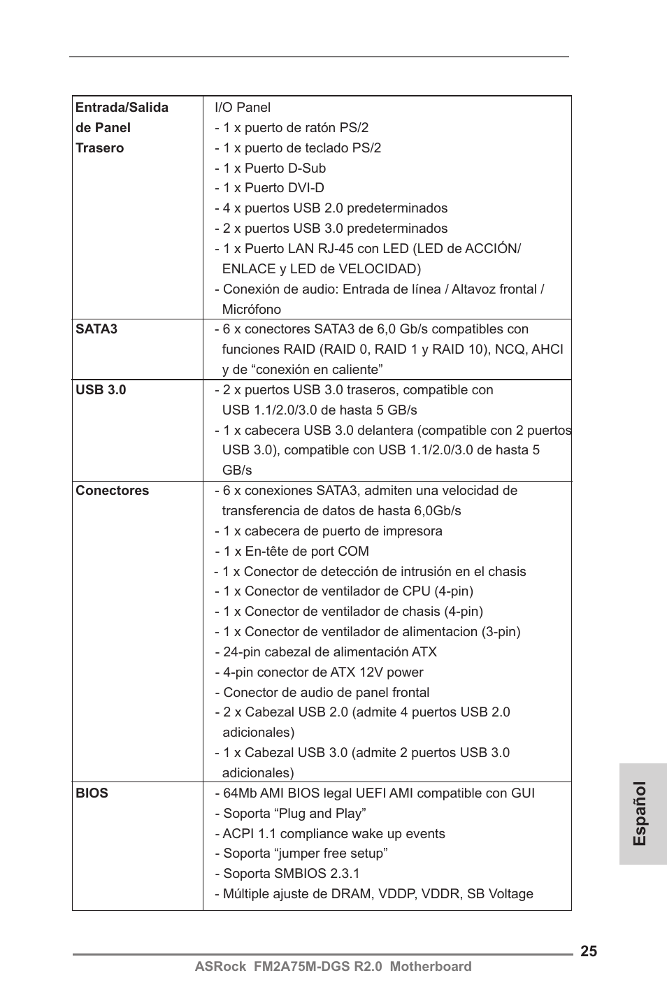 Español | ASRock FM2A75M-DGS R2.0 User Manual | Page 25 / 59