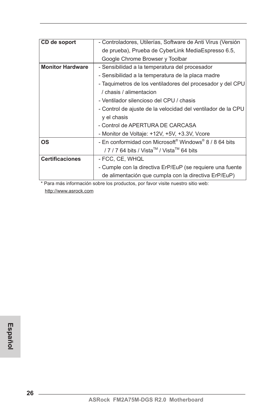 Español | ASRock FM2A75M-DGS R2.0 User Manual | Page 26 / 59