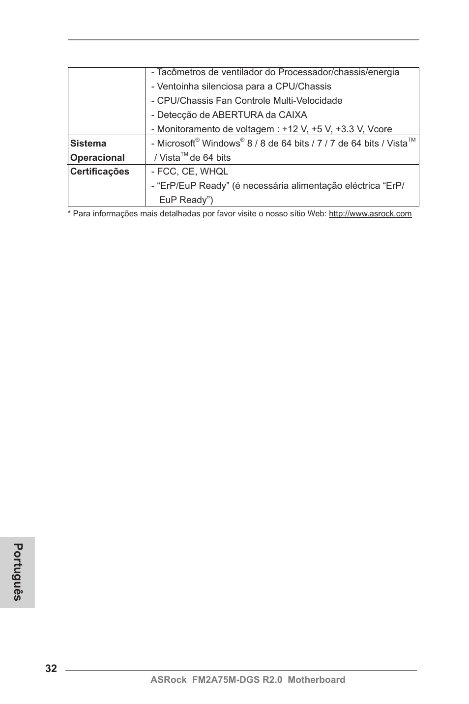 Português | ASRock FM2A75M-DGS R2.0 User Manual | Page 32 / 59