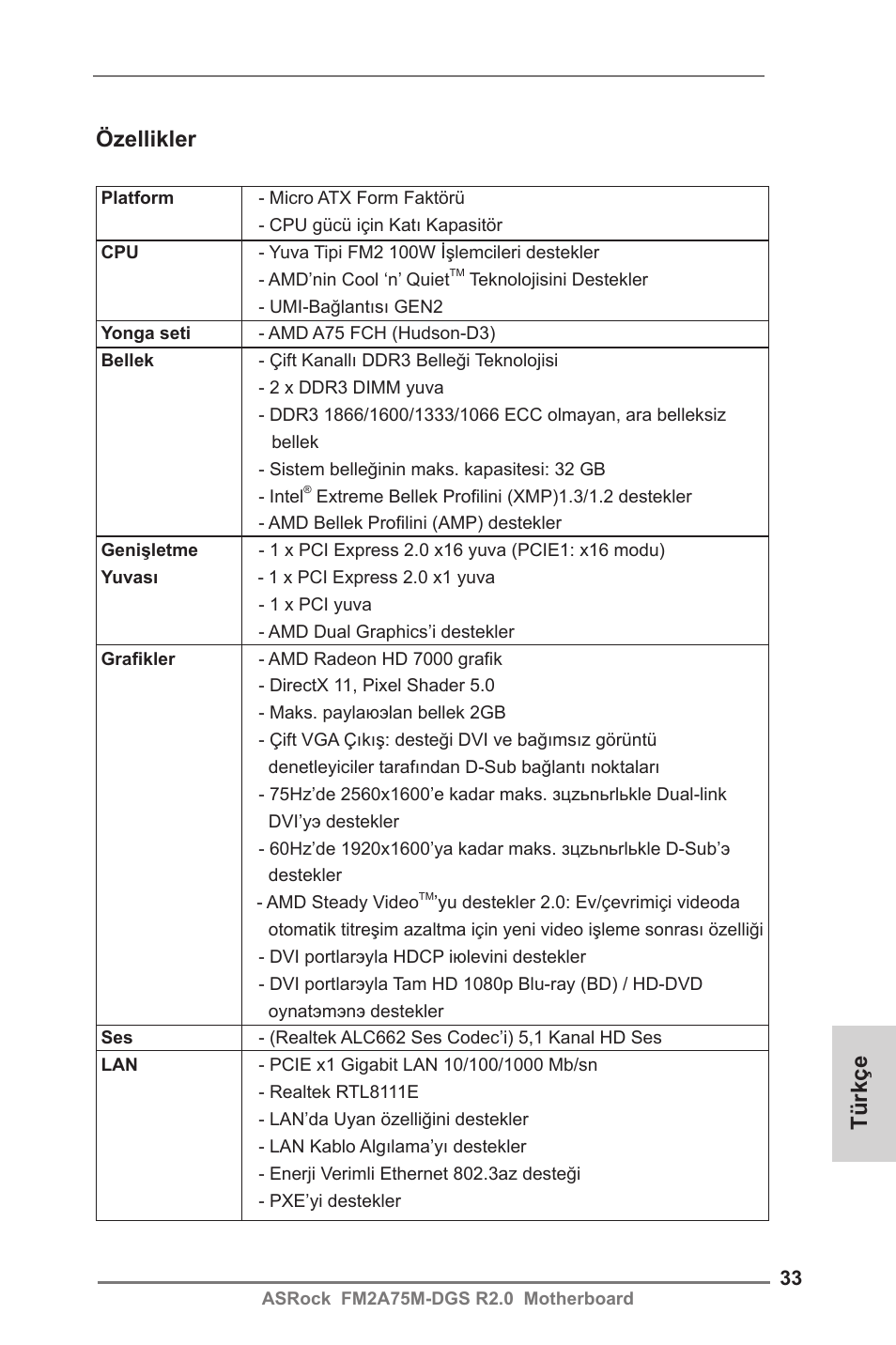 Turkish, Türkçe özellikler | ASRock FM2A75M-DGS R2.0 User Manual | Page 33 / 59